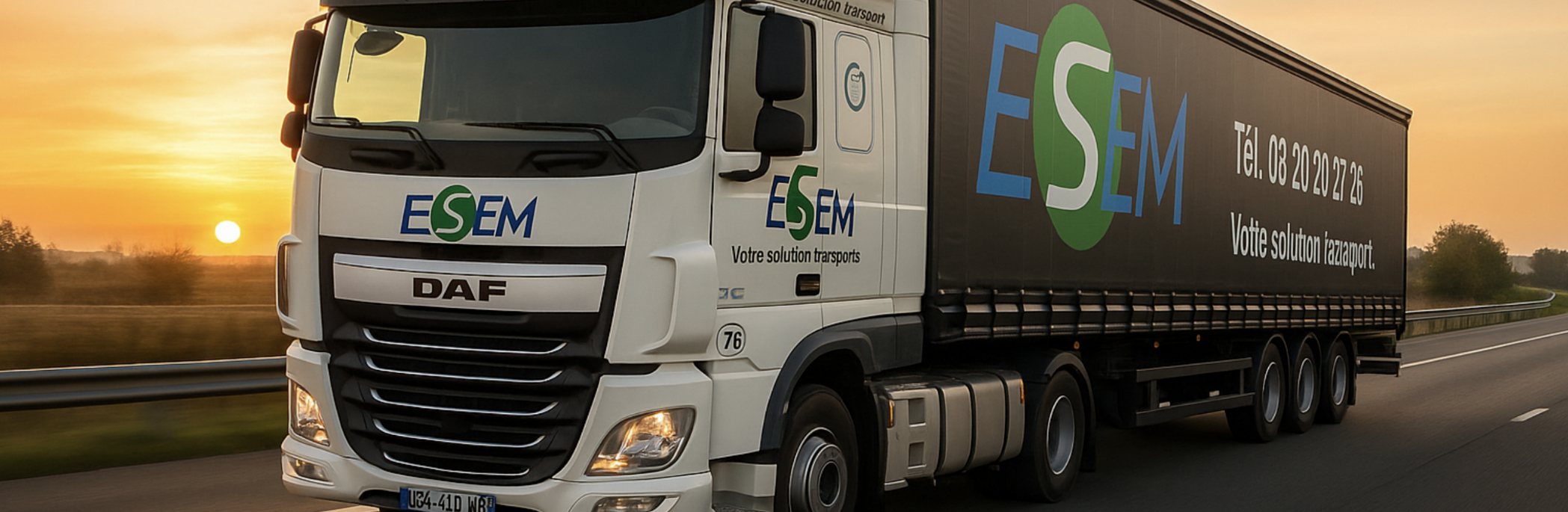 Camion ESEM Transports sur la route au coucher du soleil